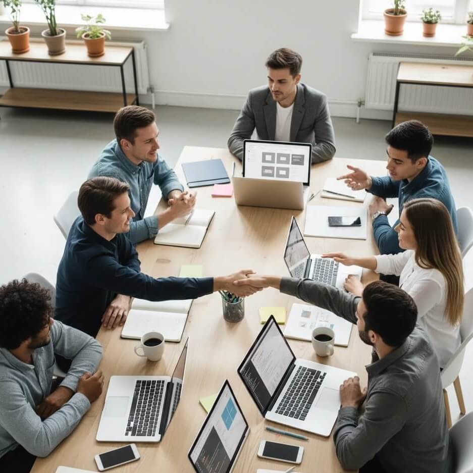 WordPress and Shopify development team collaborating in a modern office, discussing custom website design, ecommerce solutions, and coding projects on laptops.
