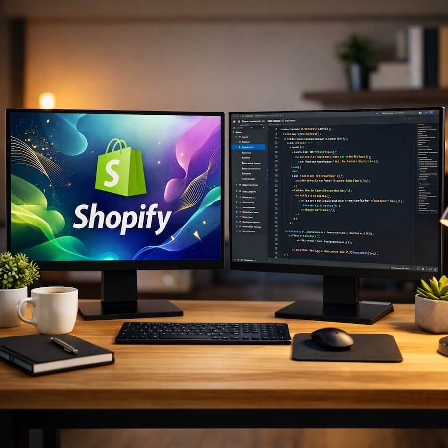 Dual-monitor workspace showing Shopify design on one screen and code editor on the other, representing creative web design and development expertise.