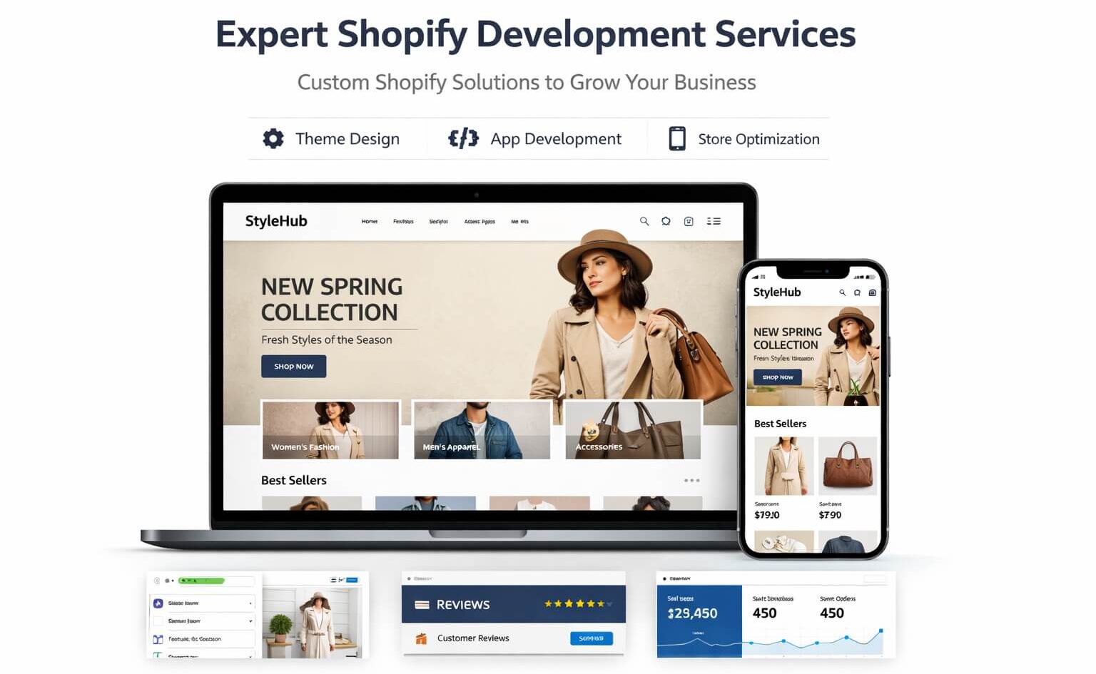 Responsive Shopify store design mockup on desktop and mobile showcasing custom theme development, app integration, product collections, and ecommerce optimization services.