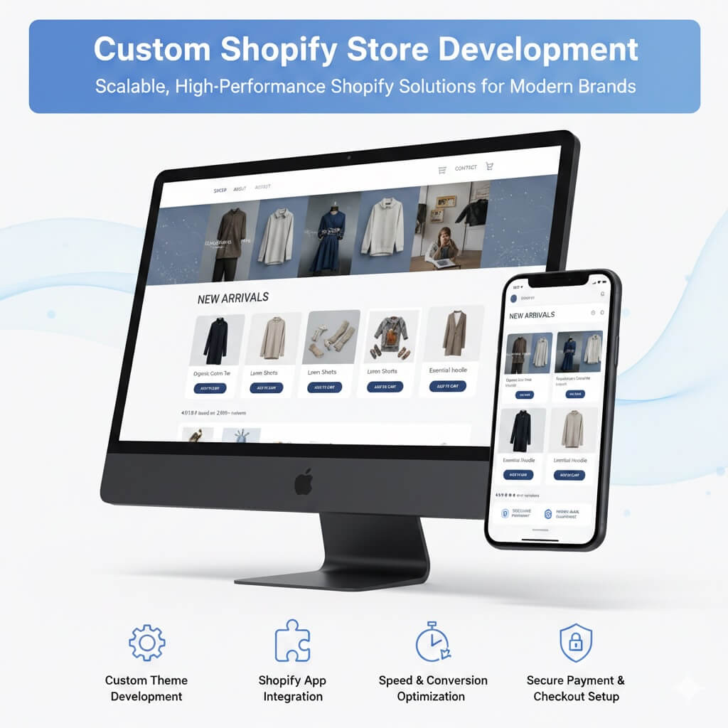 Professional Shopify development services mockup featuring responsive online store on desktop and smartphone with custom theme development, Shopify app integration, conversion optimization, and secure checkout setup.