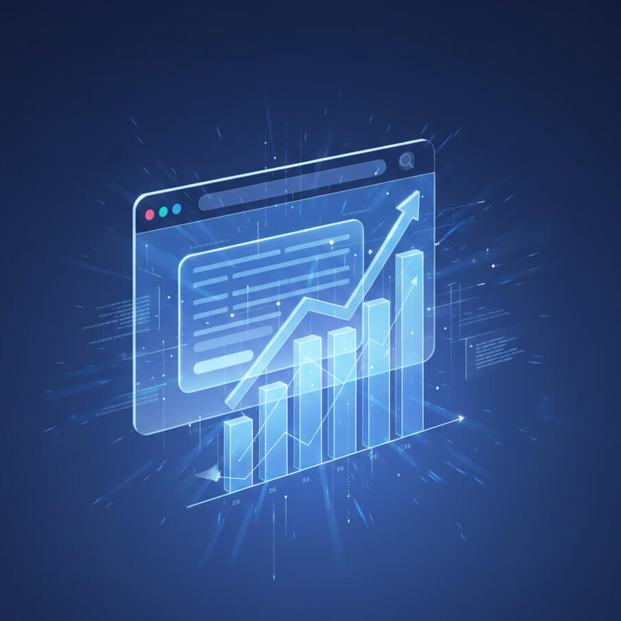 Modern 3D digital illustration of a fast, SEO-optimized Shopify store with upward growth analytics chart symbolizing increased sales, performance, and scalable eCommerce success.