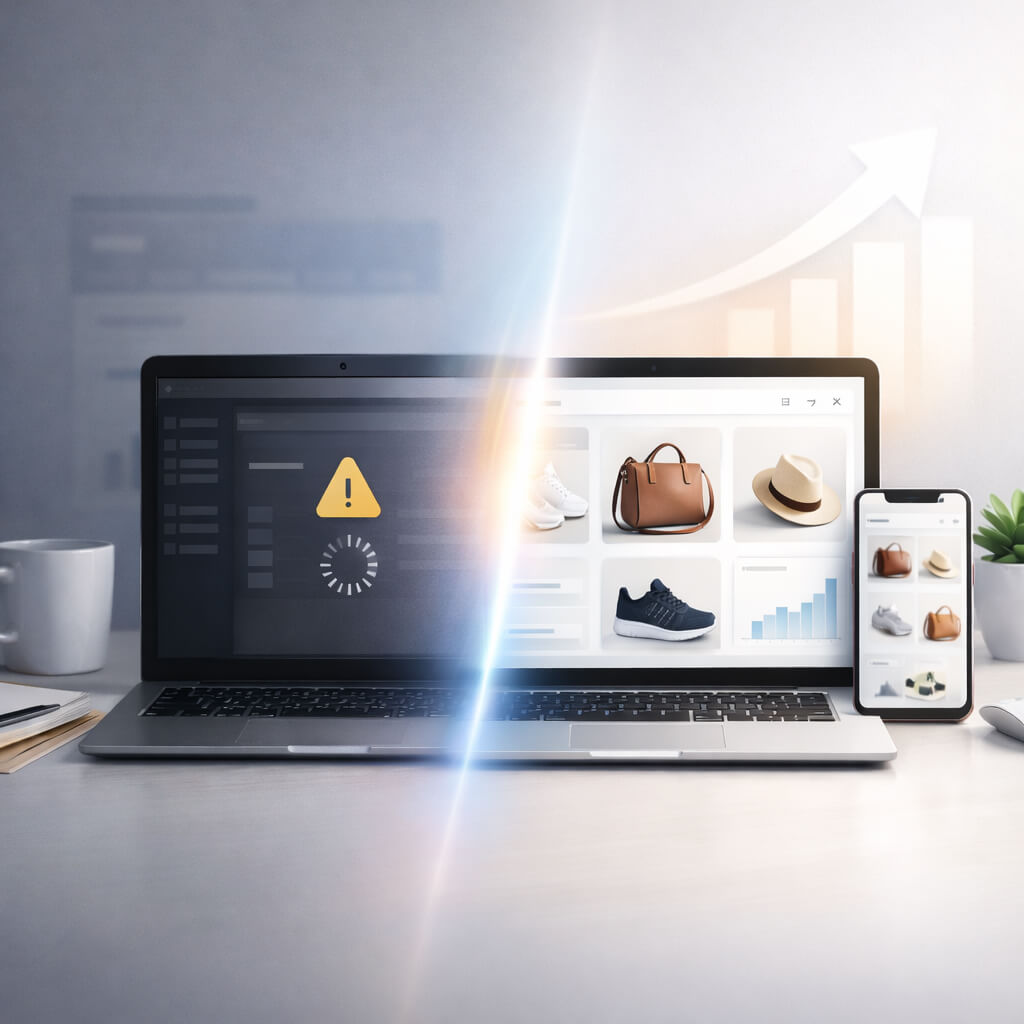 Modern 3D hero image showing migration from a slow WooCommerce-style dashboard to a fast, clean Shopify-style eCommerce store on laptop and mobile, with gradient transition, performance growth graph, and minimal professional workspace background.
