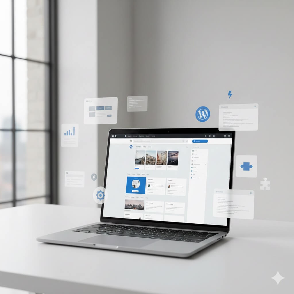 WordPress development showing a modern website dashboard on a laptop with plugins, customization tools, and performance elements